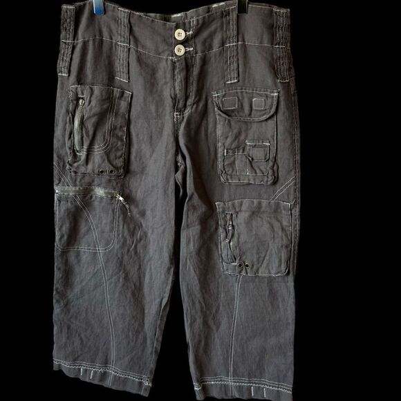 Pete + Greta Johnny Was Taupe Linen Blend Cropped Utility Cargo Pants Sz 4 - Picture 1 of 7